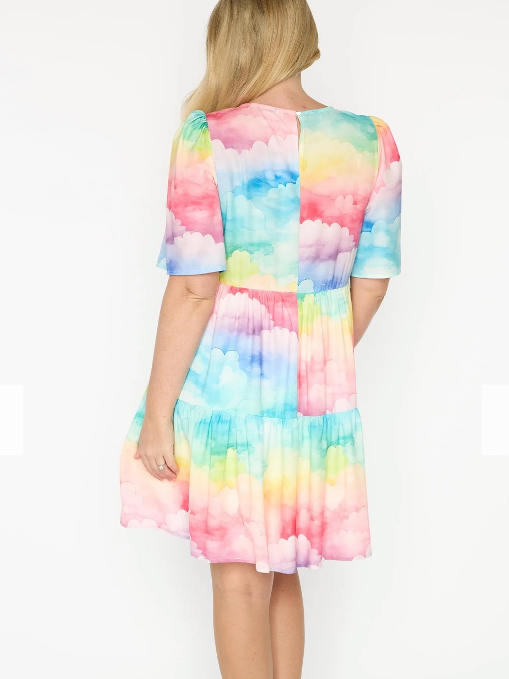 Rainbow Cloud Print Mini Dress - Pastel Multicolor